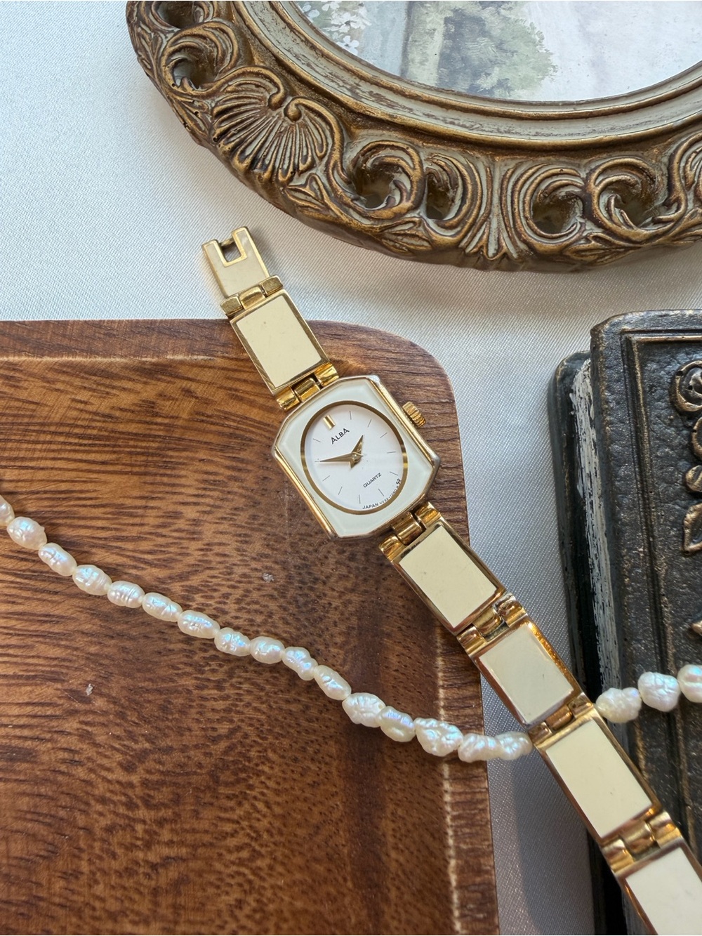 Alba Gold Tone Bracelet Watch with Cream Enamel Links